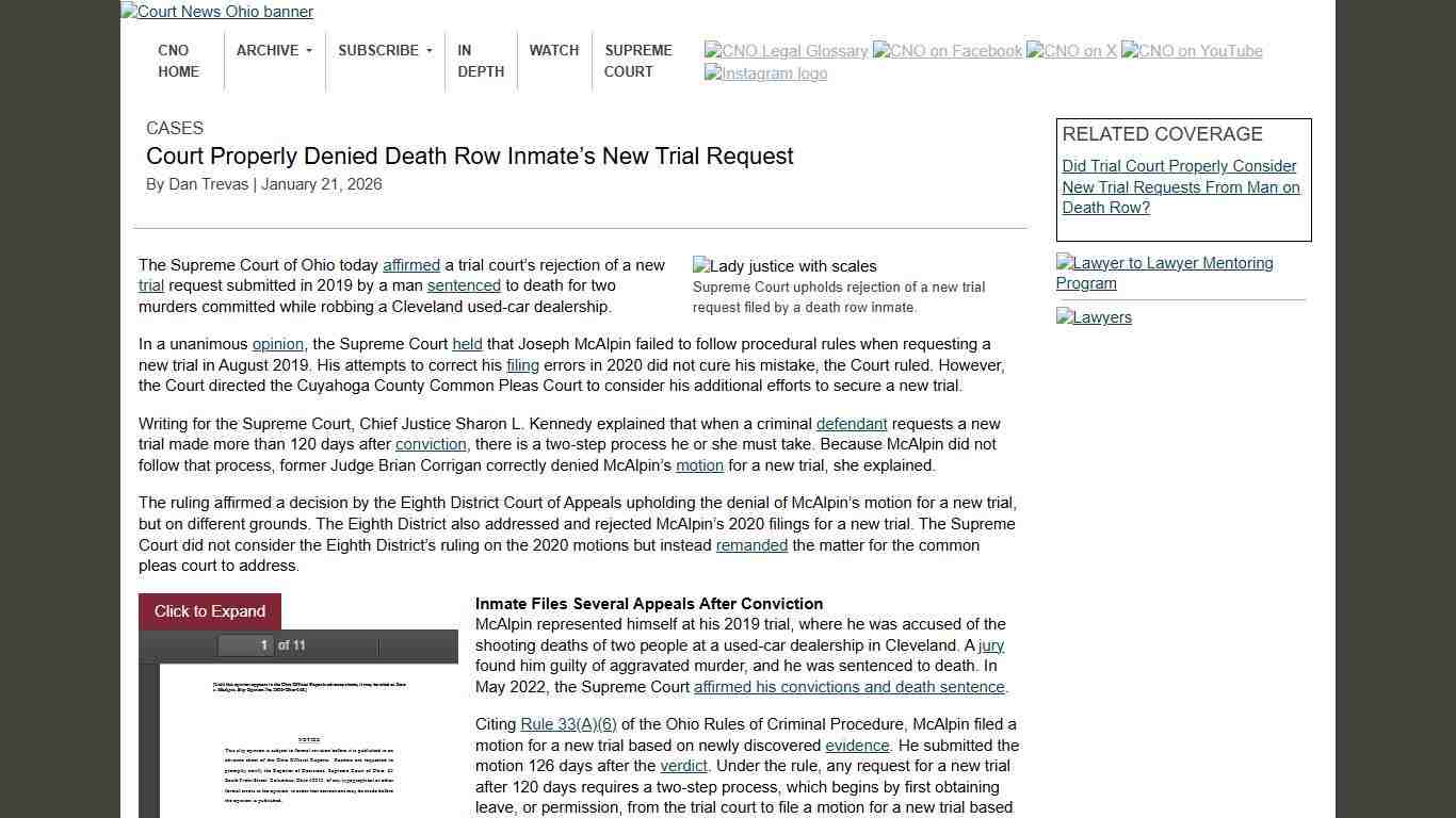 Court Properly Denied Death Row Inmate’s New Trial Request